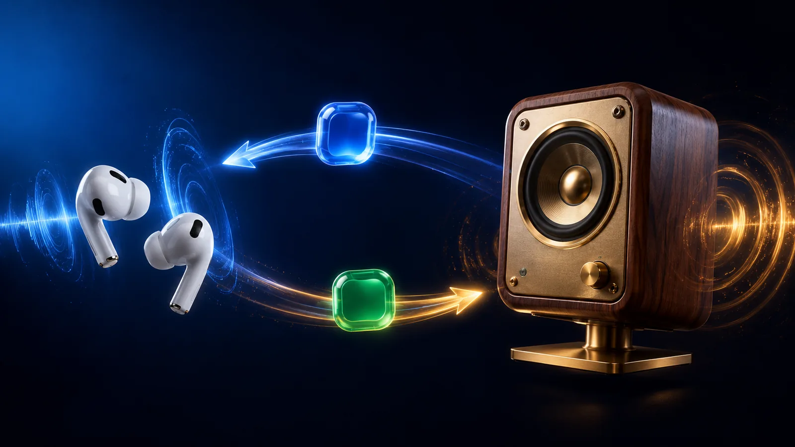 AirPods on the left, desk speakers on the right, with Zoom and Spotify icons routed separately to each